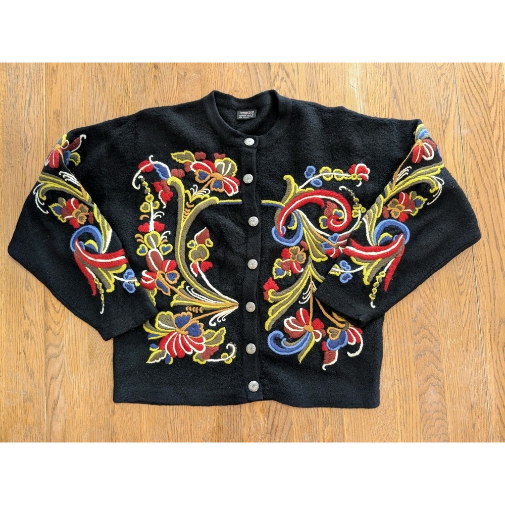 Vintage Vrikke Irene Haugland Norwegian Wool Cardigan Embroidery Sweater Size M